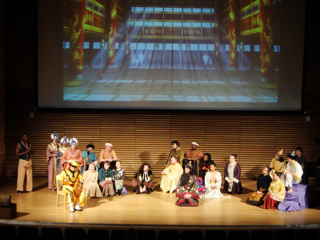 My libretto called for a "musical interlude" during a tense sequence of exchanges in the Court of Kublai Khan. The Confucius Institute paid for a traditional Mongolian horsehead fiddle player (in bright yellow, to the left of the image) to be flown in for these performances. 