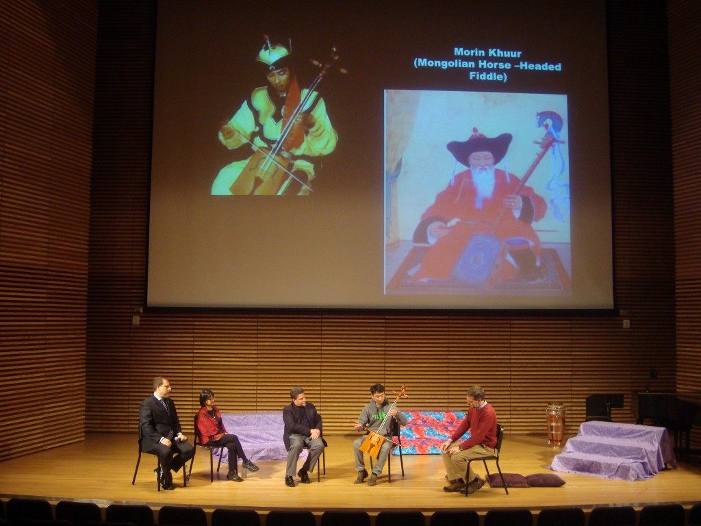 Ernest Hilbert, Stella Sung, and director Robert Swedberg conduct the panel  "Collaborative Process of Composing, Designing, and Producing The Red Silk Thread" before the Friday evening performance. Also on stage is Dr. Peter Marsh, who delivered his lecture "This Is Our Tradition: The Transformative Roles of Traditional Music in Post-Socialist Mongolia" the night before. 
