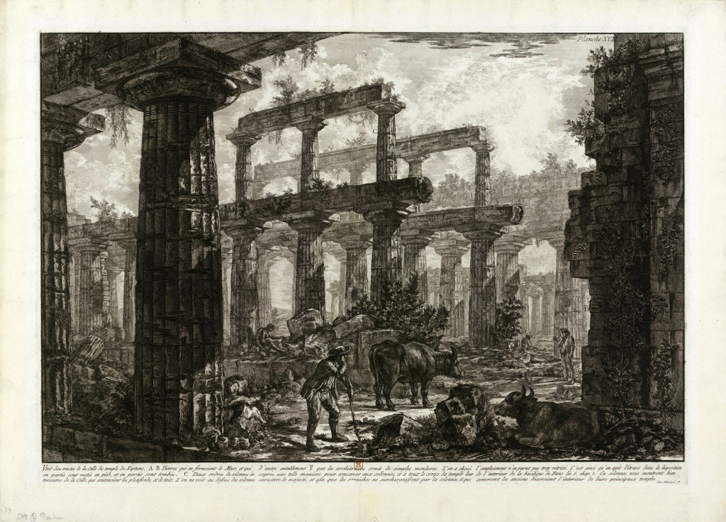 Piranesi's Temple of Neptune, looking through the peristyle from the north-west corner, showing the internal colonnades and the Basilica in the distance.