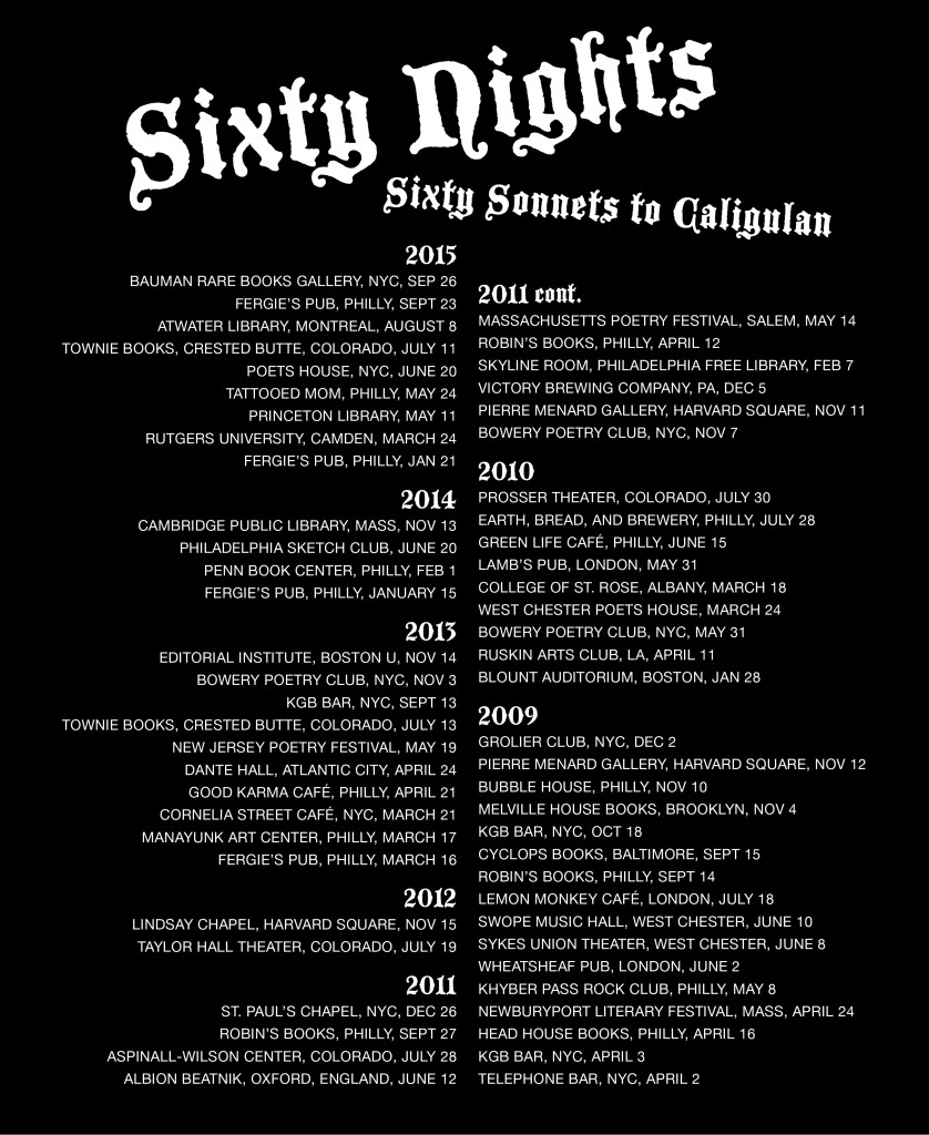 Back of Caligulan t-shirt listing Hilbert's tour dates for the last two books and the publication parties for his third, Caligulan. 