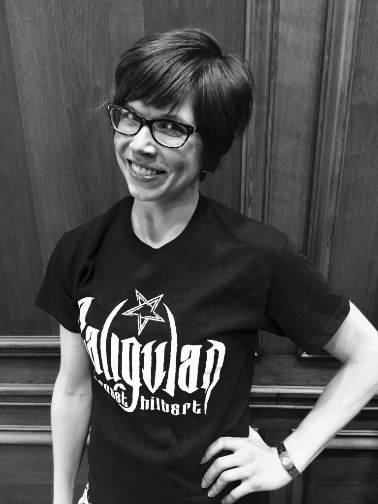 Jennifer Mercer models the shirt she designed for Hilbert's book, Caligulan. 